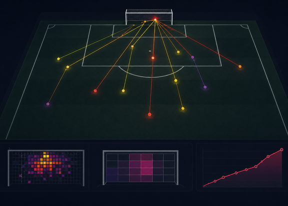 Das Bild zeigt ein halbes Fußballfeld mit Linien die zum Tor führen. Außerdem sind unten zwei Grafiken zu sehen, welche die Heat Map anzeigen wo am meisten auf das Tor geschossen worden ist.

