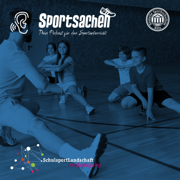 Podcasttitel 15 Turnen im Sportunterricht; im Hintergrund turnt ein Lehrer mit seinen Schülern in der Sporthalle

