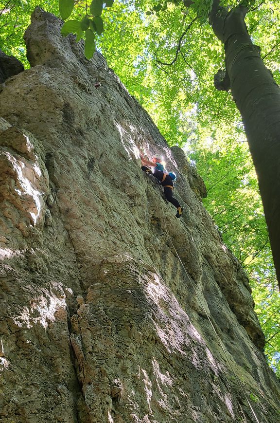 Person klettert mit Helm und Klettergurt an einer steilen Felswand im Wald
