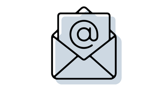 Email-Icon mit offenem Briefumschlag, aus dem ein Blatt mit einem @-Zeichen herauskommt; in schwarzer Outline mit hellblau/grau hinterlegter Schattenfläche
