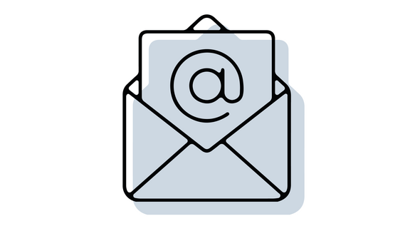 Email-Icon mit offenem Briefumschlag, aus dem ein Blatt mit einem @-Zeichen herauskommt; in schwarzer Outline mit hellblau/grau hinterlegter Schattenfläche
