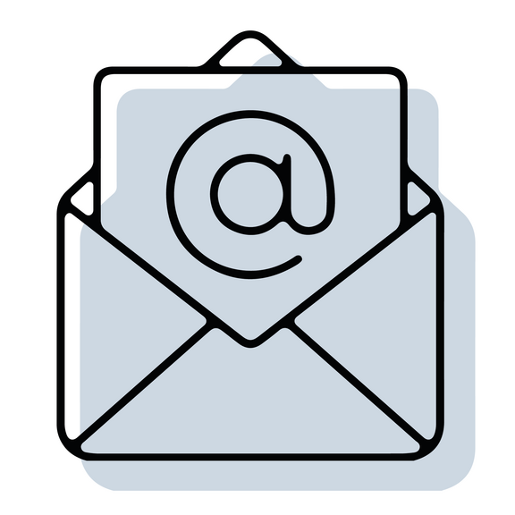 Email-Icon mit offenem Briefumschlag, aus dem ein Blatt mit einem @-Zeichen herauskommt; in schwarzer Outline mit hellblau/grau hinterlegter Schattenfläche
