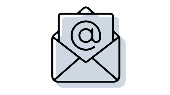 Email-Icon mit offenem Briefumschlag, aus dem ein Blatt mit einem @-Zeichen herauskommt; in schwarzer Outline mit hellblau/grau hinterlegter Schattenfläche
