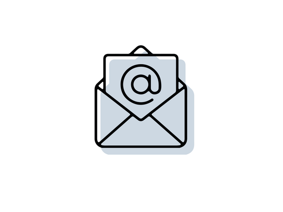 Email-Icon mit offenem Briefumschlag, aus dem ein Blatt mit einem @-Zeichen herauskommt; in schwarzer Outline mit hellblau/grau hinterlegter Schattenfläche
