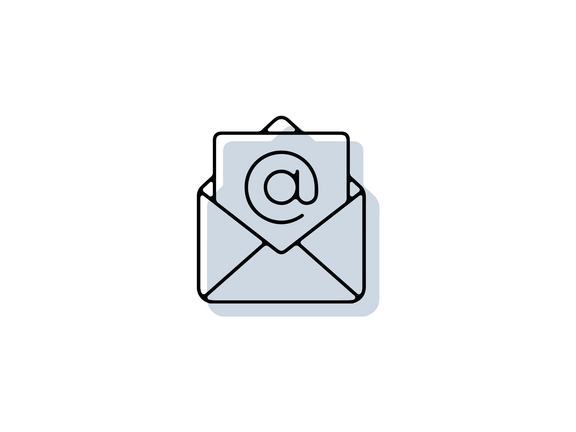 Email-Icon mit offenem Briefumschlag, aus dem ein Blatt mit einem @-Zeichen herauskommt; in schwarzer Outline mit hellblau/grau hinterlegter Schattenfläche
