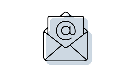 Email-Icon mit offenem Briefumschlag, aus dem ein Blatt mit einem @-Zeichen herauskommt; in schwarzer Outline mit hellblau/grau hinterlegter Schattenfläche
