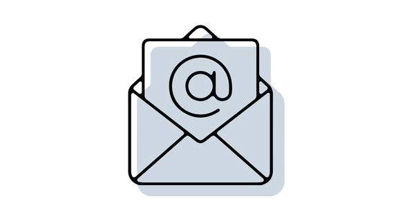 Email-Icon mit offenem Briefumschlag, aus dem ein Blatt mit einem @-Zeichen herauskommt; in schwarzer Outline mit hellblau/grau hinterlegter Schattenfläche
