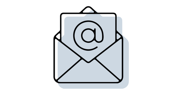 Email-Icon mit offenem Briefumschlag, aus dem ein Blatt mit einem @-Zeichen herauskommt; in schwarzer Outline mit hellblau/grau hinterlegter Schattenfläche
