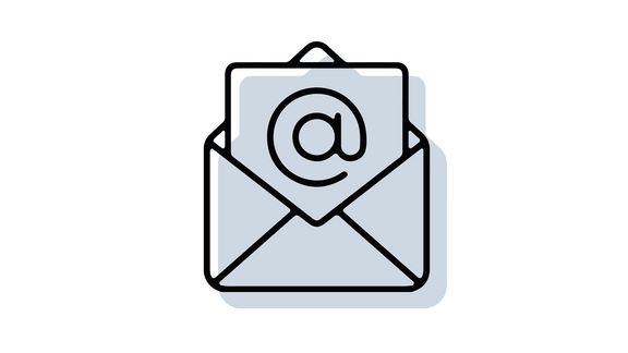 Email-Icon mit offenem Briefumschlag, aus dem ein Blatt mit einem @-Zeichen herauskommt; in schwarzer Outline mit hellblau/grau hinterlegter Schattenfläche
