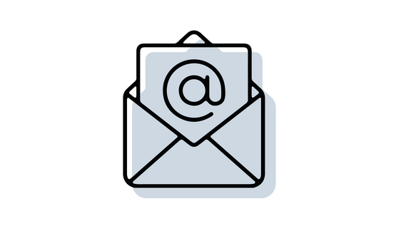 Email-Icon mit offenem Briefumschlag, aus dem ein Blatt mit einem @-Zeichen herauskommt; in schwarzer Outline mit hellblau/grau hinterlegter Schattenfläche
