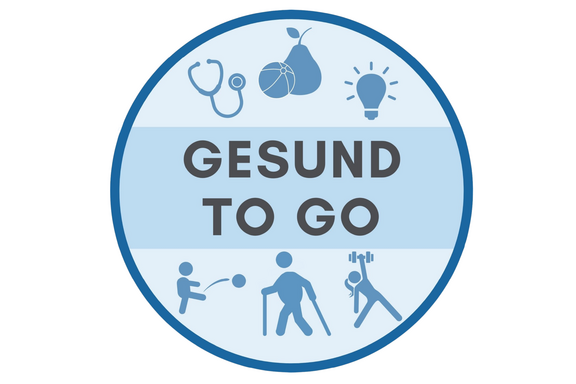 Eine Grafik, Kreis in Blautönen, mittig steht der Schriftzug Gesund to go. Ober- und unterhalb sieht man verschiedene Icon zum Thema Ernährung und Sport

