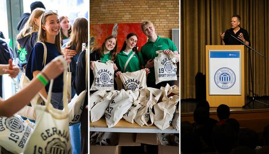 Studierende und Helfende bei der Ausgabe der Erstsemestertüten sowie Rektor Ansgar Thiel bei seiner Begrüßungsrede
