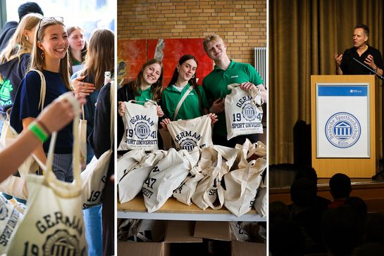 Studierende und Helfende bei der Ausgabe der Erstsemestertüten sowie Rektor Ansgar Thiel bei seiner Begrüßungsrede
