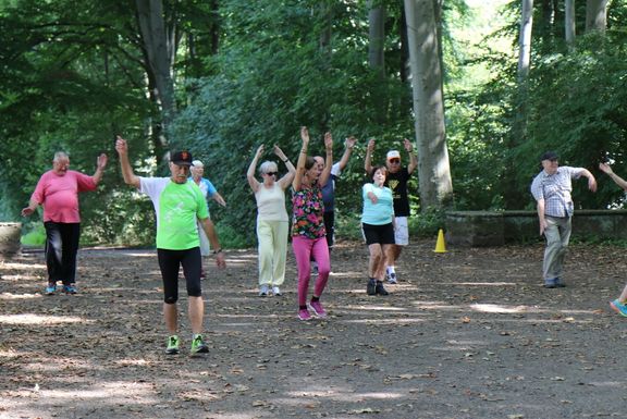 Gruppe älterer Menschen beim Laufsport in einem Waldstück. Gleichzeitig werden die Arme beim Laufen gehoben.
