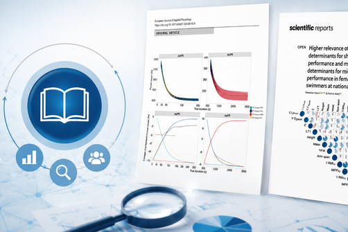Zwei wissenschaftliche Artikel mit Diagrammen und Korrelationsmatrix, daneben eine Lupe und ein Buch-Icon mit Symbolen für Analyse, Forschung und Zusammenarbeit, vor hellem blau-weißem Hintergrund.
