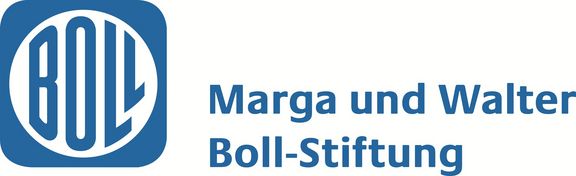 Logo der Marga und Walter  Boll-Stiftung, blaues Quadrat mit großen Buschtaben BOLL innerhalb des Quadrats
