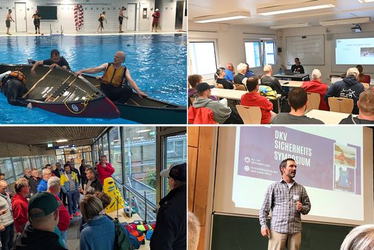 Personen in Kanus auf dem Wasser, im Hörsaal und im Seminarraum
