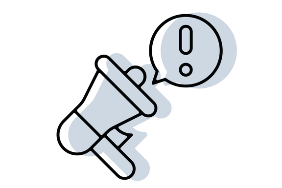 Icon mit Megafon und Sprechblase mit Ausrufezeichen in schwarzer Outline und hellblau/grau hinterlegter Schattenfläche
