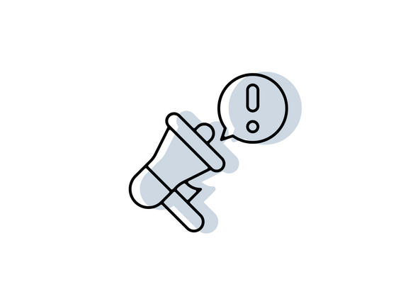 Icon mit Megafon und Sprechblase mit Ausrufezeichen in schwarzer Outline und hellblau/grau hinterlegter Schattenfläche
