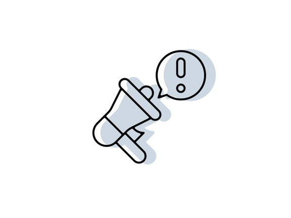 Icon mit Megafon und Sprechblase mit Ausrufezeichen in schwarzer Outline und hellblau/grau hinterlegter Schattenfläche
