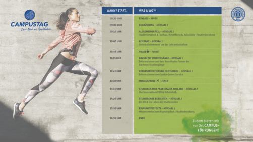 Ablaufplan in tabellarischer Form, im Hintergrund eine junge Läuferin mit dunklen Haaren, die von links nach rechts vor eine rBetonwand läuft
