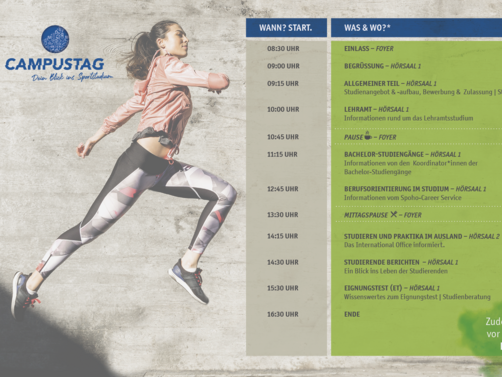 Ablaufplan in tabellarischer Form, im Hintergrund eine junge Läuferin mit dunklen Haaren, die von links nach rechts vor eine rBetonwand läuft
