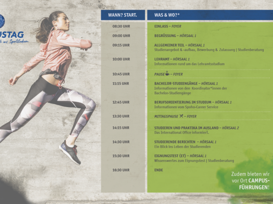 Ablaufplan in tabellarischer Form, im Hintergrund eine junge Läuferin mit dunklen Haaren, die von links nach rechts vor eine rBetonwand läuft
