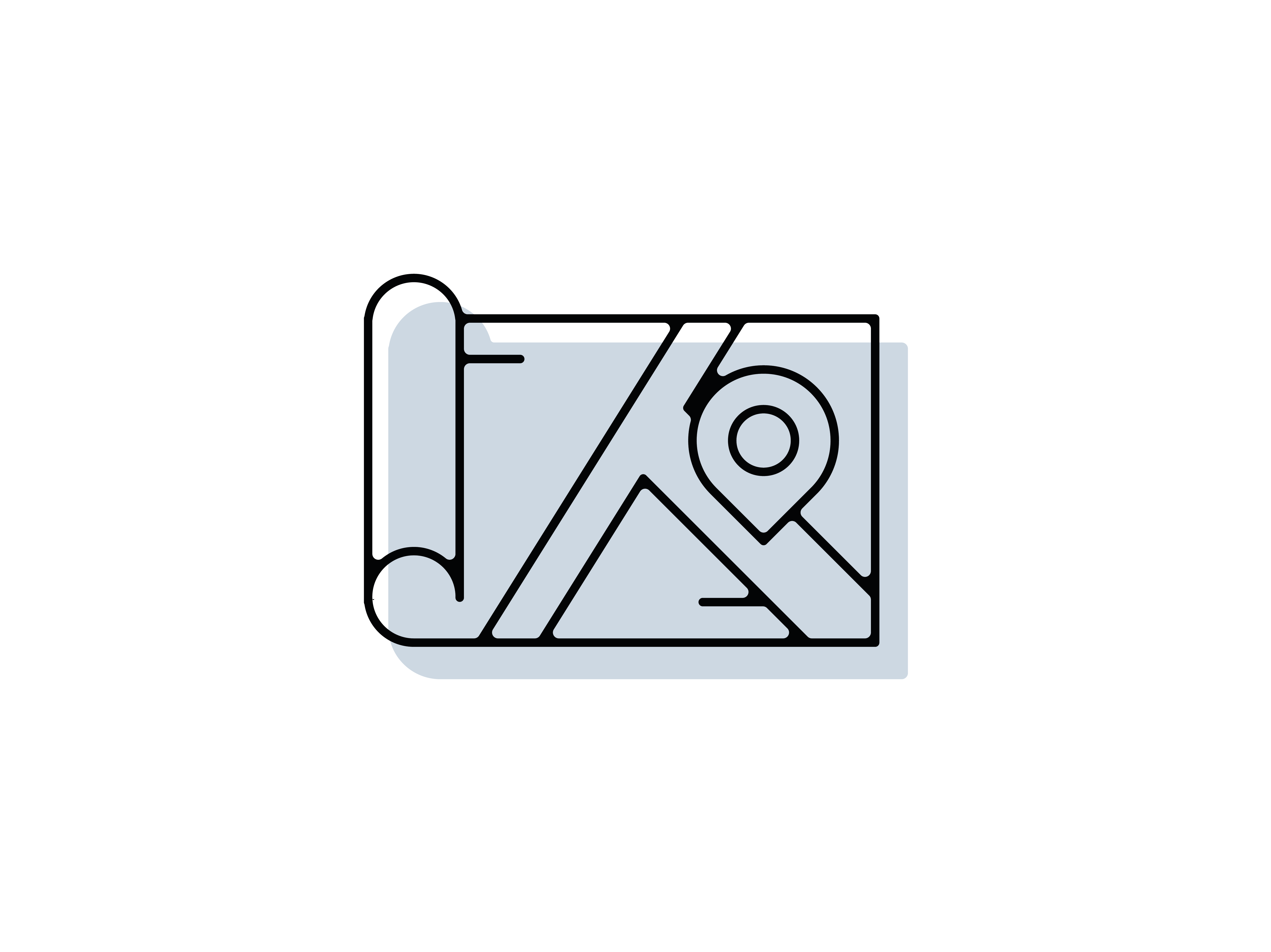Icon Lageplan in schwarzer Outline mit hellblau-grauer Schattenfläche im Hintergrund
