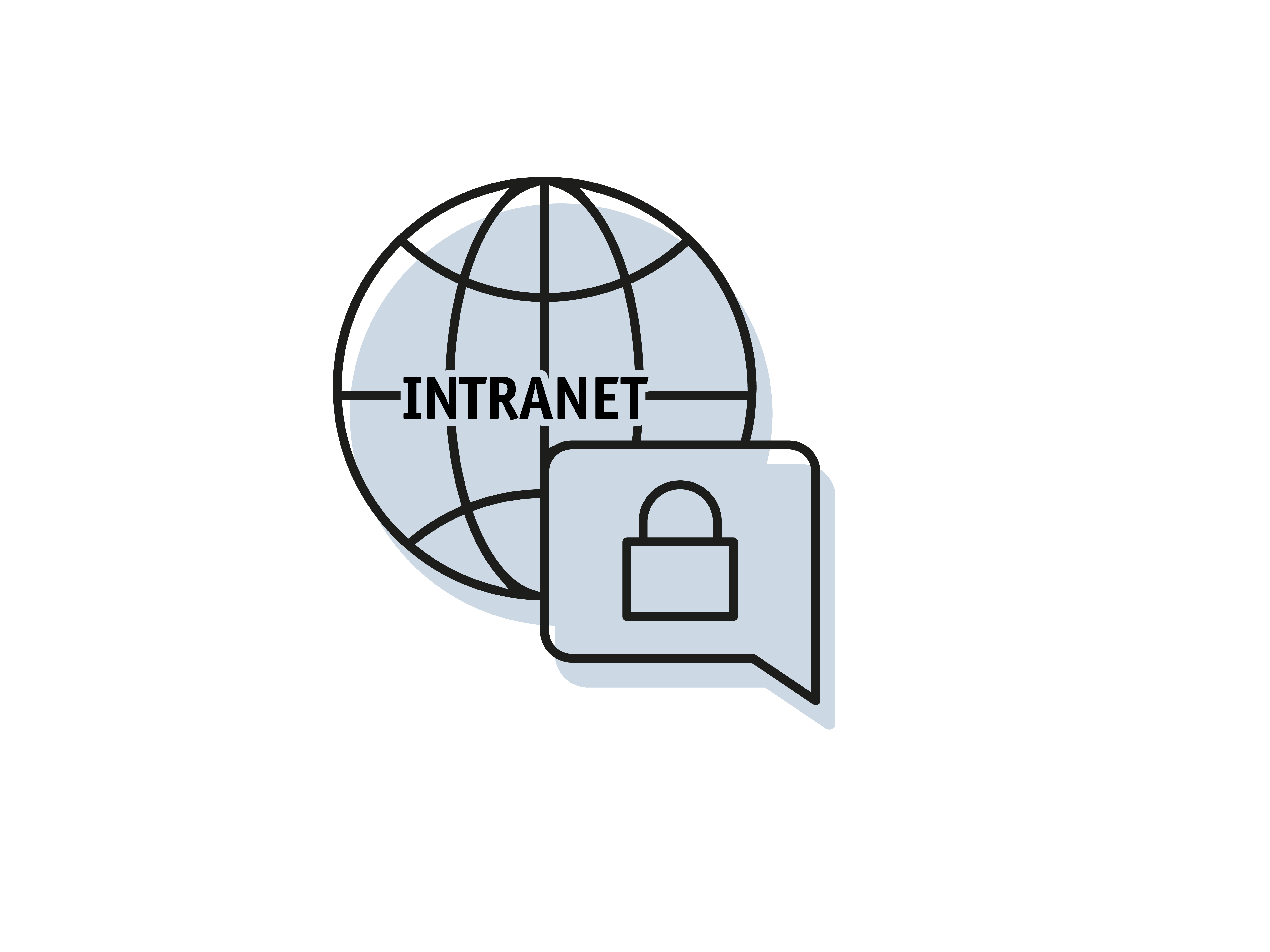 stilisierte weltkugel, die aus verbundenen breiten und längsgeraden besteht, in der Mitte das Wort "Intranet", rechts vir der Weltkugel eine Sprechblase mit einem Vorhängeschloss; schwarze Linien und hellblaue Schattenfläche
